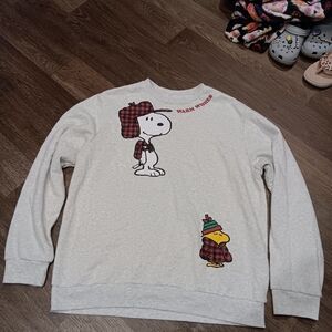 Peanuts Light Gray Snoopy & Woodstock Crewneck Sweater